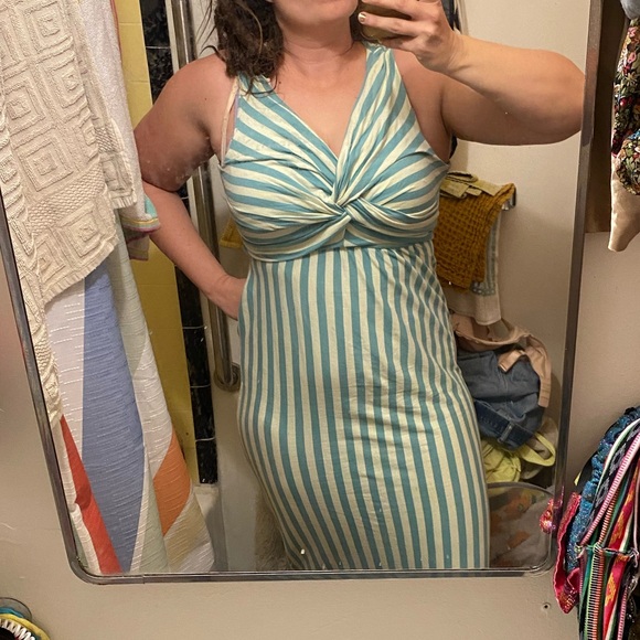 Synergy 100% Organic Cotton Dress Ruched Maxi Dress Women’s Large Turquoise EUC - Picture 13 of 13